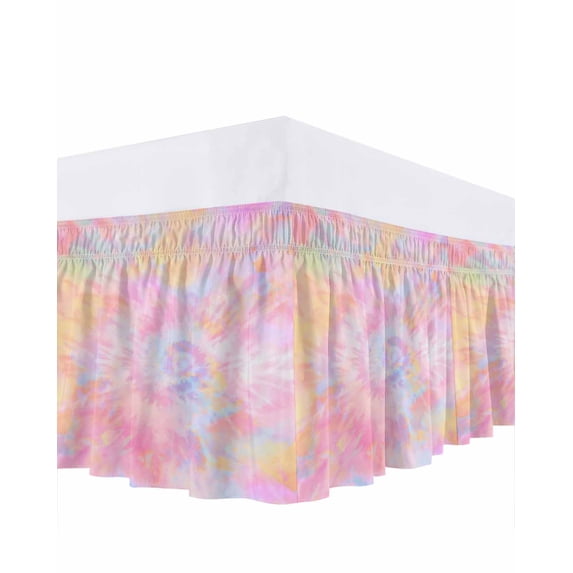 Rainbow Color Bed Skirt Cal King Size, Fantasy Colorful Ombre Swirl Wrap Around Bed Skirting with Adjustable Elastic Strap, Dust Ruffled Pleated Bedskirts 18 Inch Drop for Bedroom Cal King Beds