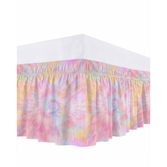 Rainbow Color Bed Skirt Queen Size, Fantasy Colorful Ombre Swirl Wrap Around Bed Skirting with Adjustable Elastic Strap, Dust Ruffle Pleated Bedskirts 16 Inch Drop for Bedroom Queen Beds