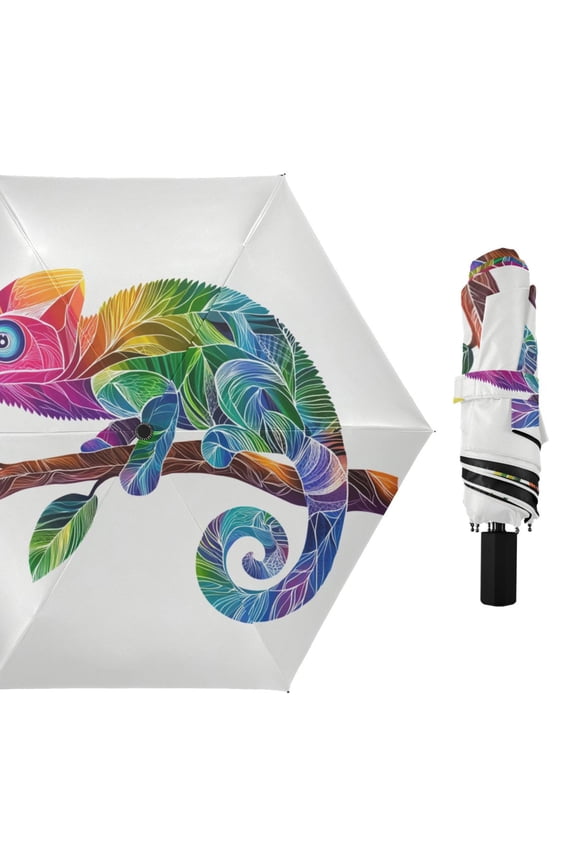 Rainbow Color Chameleon on Branch All Weather Umbrella Triple Folding Parasol 6 Ribs UV Protection Portable