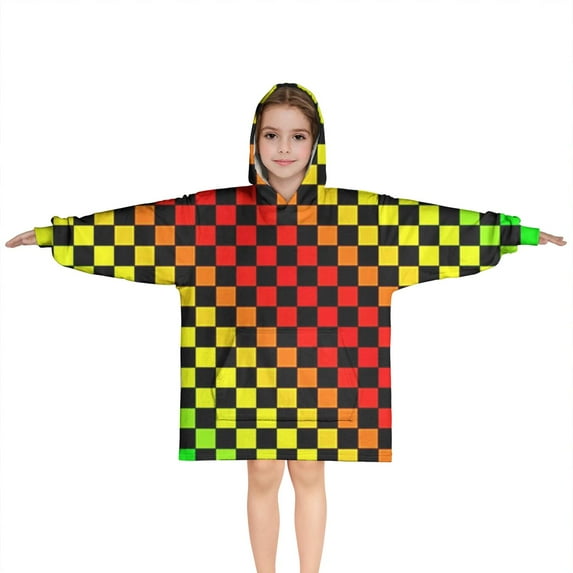 Rainbow Color Checkered Pattern Blanket Hoodies for Kids 6-13YR Oversize Wearable Blanket Hoodies for Boys Girls Teens