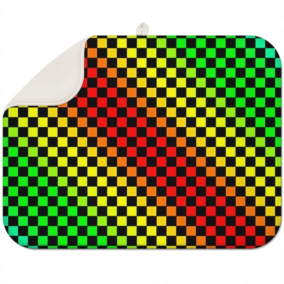 Rainbow Color Checkered Pattern Dish Drying Mat for Kitchen 1 Pack, Ultra Absorbent Microfiber Dishes Drainer Mats,18"x24"