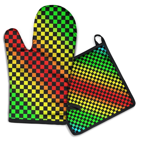 Rainbow Color Checkered Pattern Kitchen Oven Mitt and Pot Holder Sets 2 Pcs for Baking, Cooking and Grilling, Heat Resistant Up To 392 °F