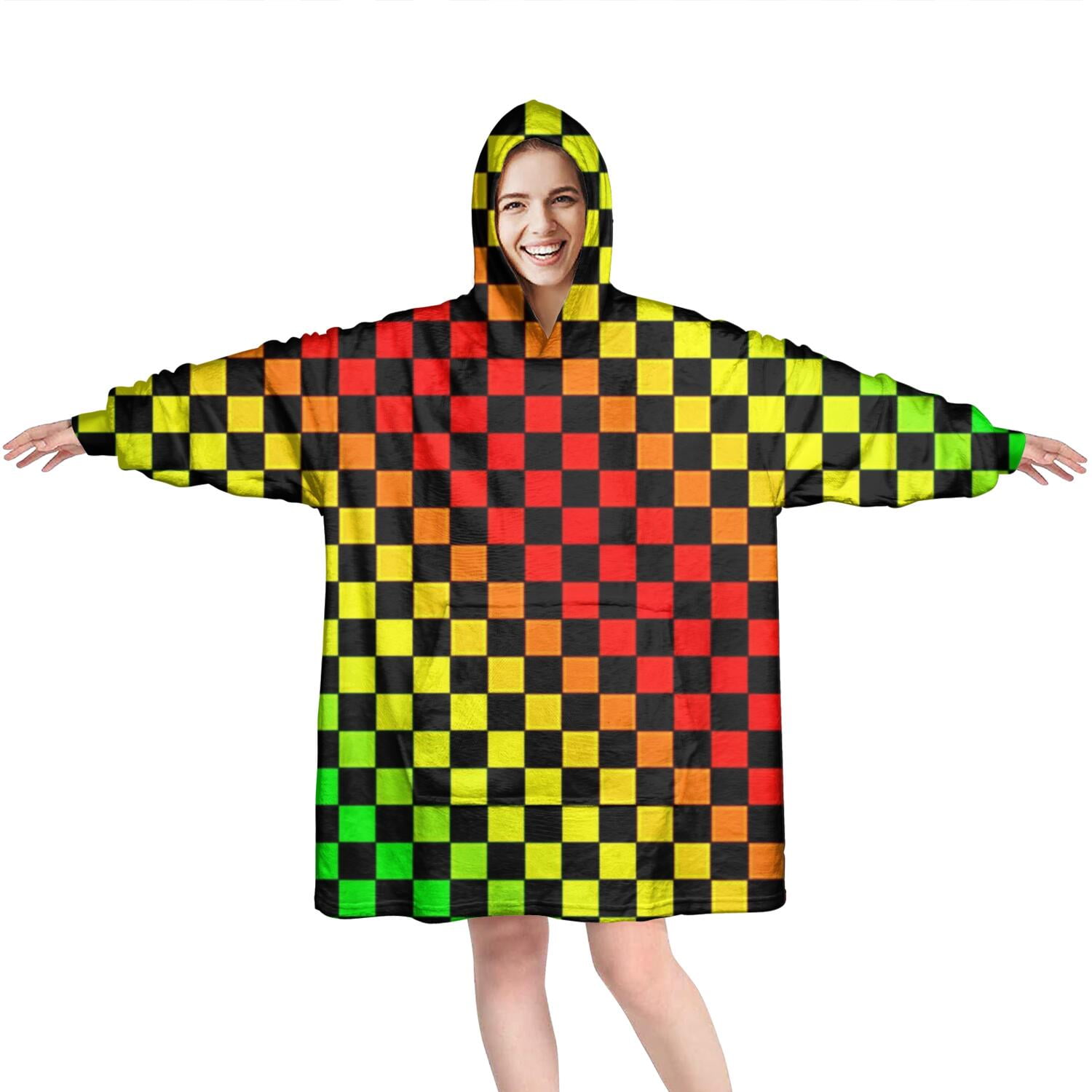 Rainbow Color Checkered Pattern Wearable Oversized Blanket,Wearable Blanket Hoodie for Adults,Cozy Hooded Blankets with Super Pockets,Super Warm Fuzzy Pullover for Women & Men