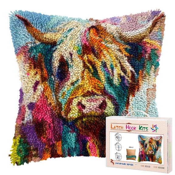 Rainbow Color Highland Cattle DIY Latch Hook Pillow Kits for Adults Printed Pillowcase Crochet Yarns Hooking Handmade Pillow Cover Cushion for Home Sofa Decoration 17x17inch(3)
