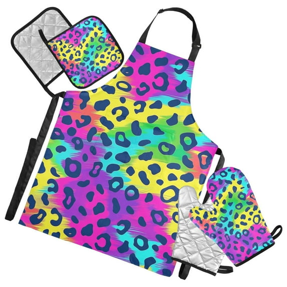Rainbow Color Leopard 5 Pcs Kitchen Set Heat Resistant Oven Mitts and Non-Slip Pot Holders with Adjustable Cooking Apron