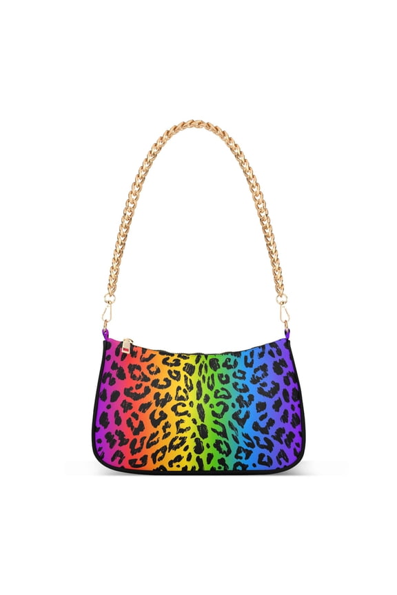 Rainbow Color Leopard Print Womens Chain Shoulder Bag Tote Handbag Clutch Hobo Purse with Zipper for Travel Casual