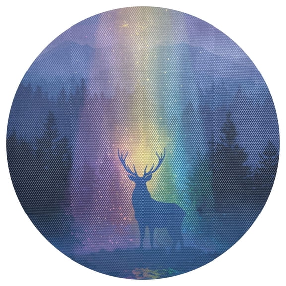 Rainbow Color Light Shine on Deer PVC Round Grid Placemat Table Mat 1 Pc 15.4" x 15.4"