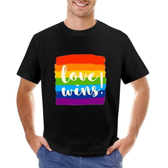 Rainbow Color Love Wins LGBT Culture Gay Pride Vintage T-shirt Mens Cotton Classic Crewneck Short Sleeve Tees Unisex Black XS