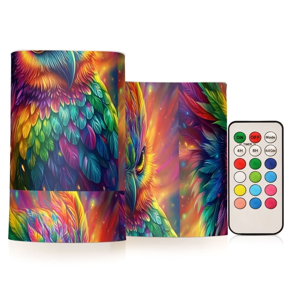 Rainbow Color Owl Flickering Flameless Candles Battery Operated with Remote Timer LED Pillar Candles Set of 2