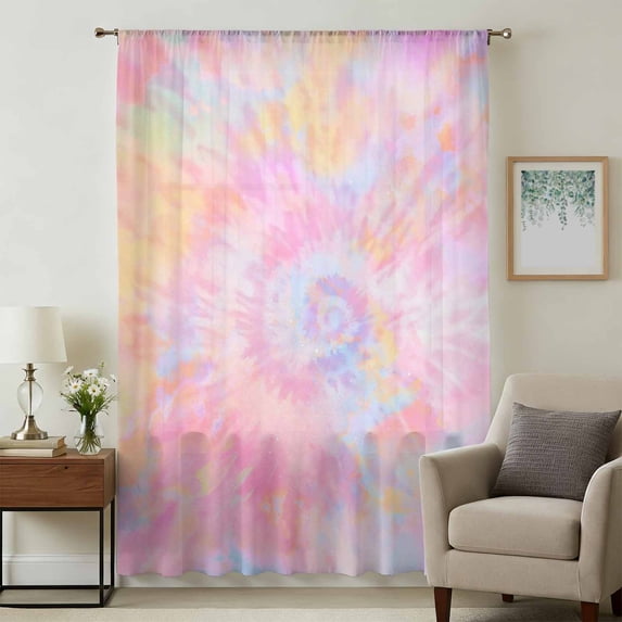 Rainbow Color Sheer Curtains 96 Inches Long, Fantasy Colorful Ombre Swirl Light Filering Curtains, Privacy Drapes Simi Floor to Veiling Curtain for Living Room Bedroom Large Window Treatment
