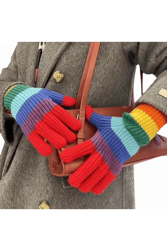 Rainbow Color Striped Knitted Gloves, Warm Winter Gloves, Rainbow Stripe Touchscreen, for Running Hiking Skating Skiing and Outdoor Activities