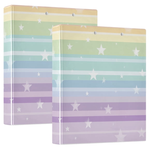 Rainbow Color Stripes White Stars Round Ring Binder 3 Rings 1.5" Capacity File Storage for A4 Size 2 Pack