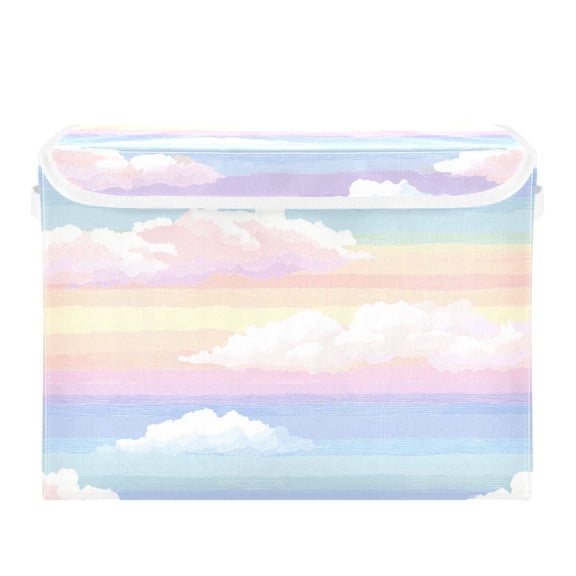 Rainbow Color Stripes with Clouds Foldable Storage Bins with Lids Handles Collapsible Storage Containers Tote Boxes 16.5 x 12.6 x 11.8 inches