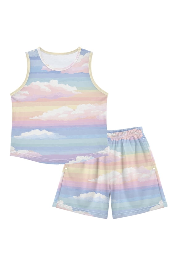 Rainbow Color Stripes with Clouds Pajamas Set Sleeveless Sleepwear Tank Tops with Shorts Loose Fit Lounge Wear Unisex 4Y