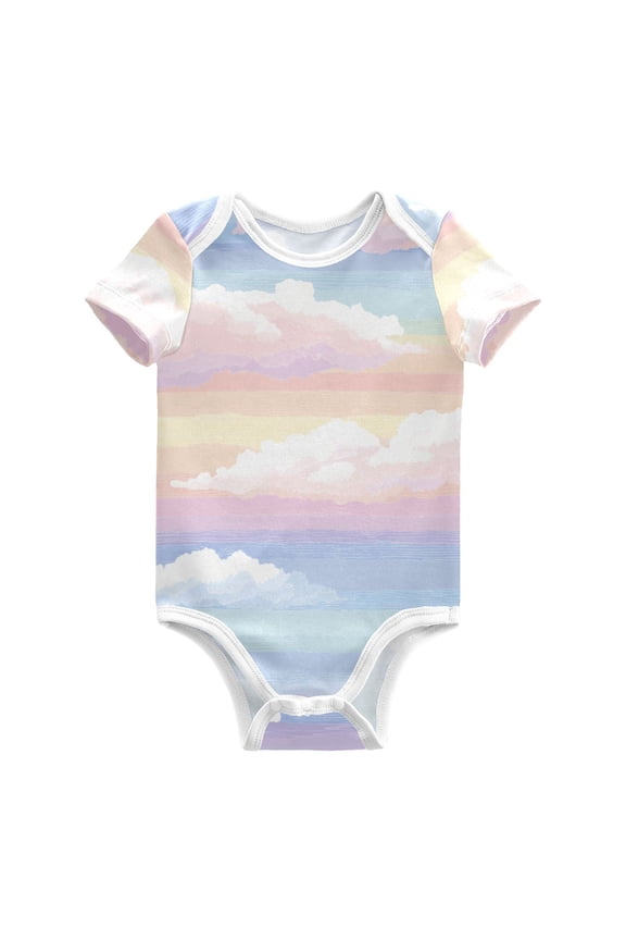 Rainbow Color Stripes with Clouds Pure Cotton Bodysuit Short Sleeve Pajamas One-Piece Romper Unisex 18M