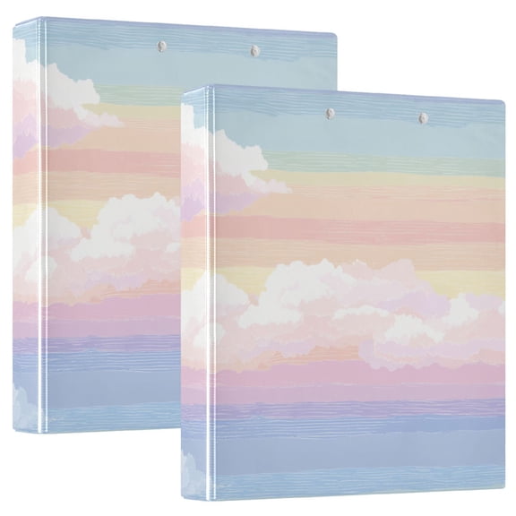 Rainbow Color Stripes with Clouds Round Ring Binder 3 Rings 1.5" Capacity File Storage for A4 Size 2 Pack