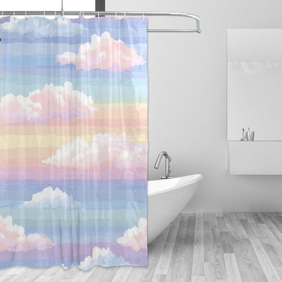 Rainbow Color Stripes with Clouds Shower Curtains with 12 Hooks Waterproof Bathroom Decor 66" x 72"