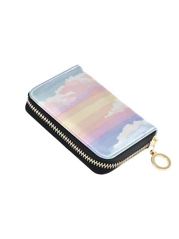 Rainbow Color Stripes with Clouds Women's Credit Card Holder PU Leather Zipper Wallet RFID Blocking