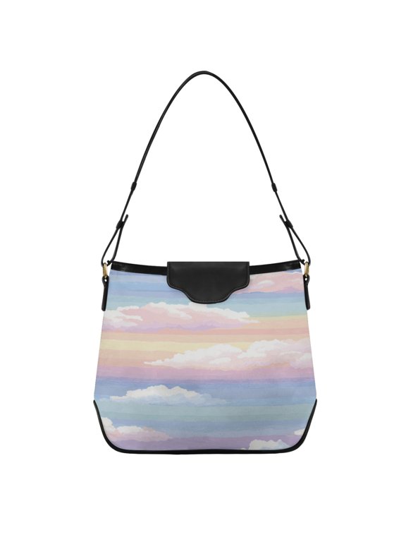 Rainbow Color Stripes with Clouds Women's Tote Bag Convertible Handbags Hobo Shoulder Bag with Zipper Magnetic Snap