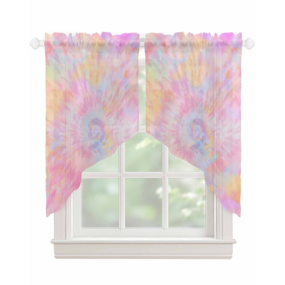Rainbow Color Swag Valances for Windows, Fantasy Colorful Ombre Swirl Rod Pocket Sheer Valances for Small Windows, Swag Toppers Light Filtering for Kitchen Living Room 2 Panels 28''x36''