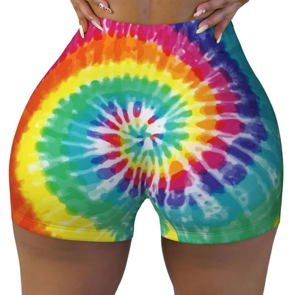 Rainbow Color Tie Dye Hippie Workout Shorts For Women Scrunch Butt Lifting Yoga Gym Seamless Booty Biker Shorts Small