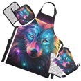 thumbnail image 1 of Rainbow Color Wolf 5 Pcs Kitchen Set Heat Resistant Oven Mitts and Non-Slip Pot Holders with Adjustable Cooking Apron, 1 of 6