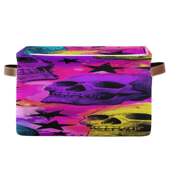 Rainbow Colored Background Skulls Stars Square Storage Bins with Handles Collapsible Containing Box 1 Pack