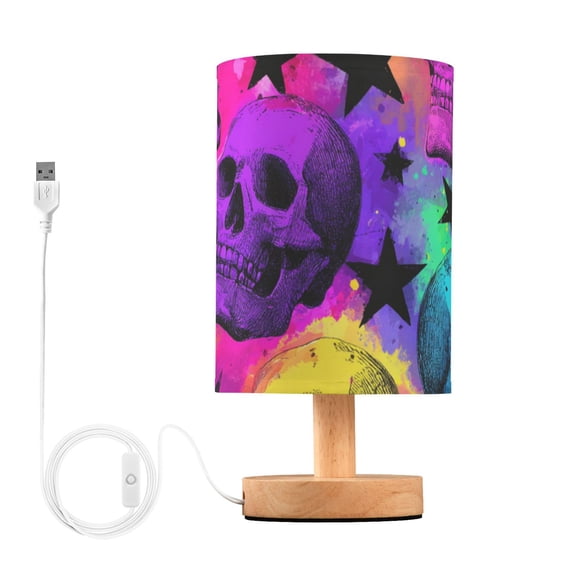 Rainbow Colored Background Skulls Stars Table Lamp with USB Port LED Warm Light Lamp Night Light Home Decor