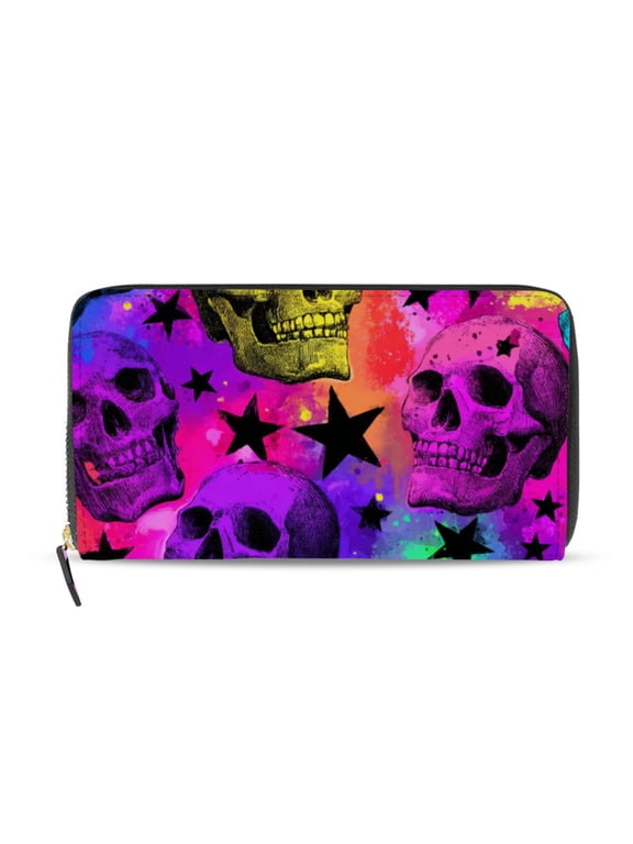 Rainbow Colored Background Skulls Stars Women's Long Zipper Wallet Bifold Clutch Purse PU Leather Card Cases