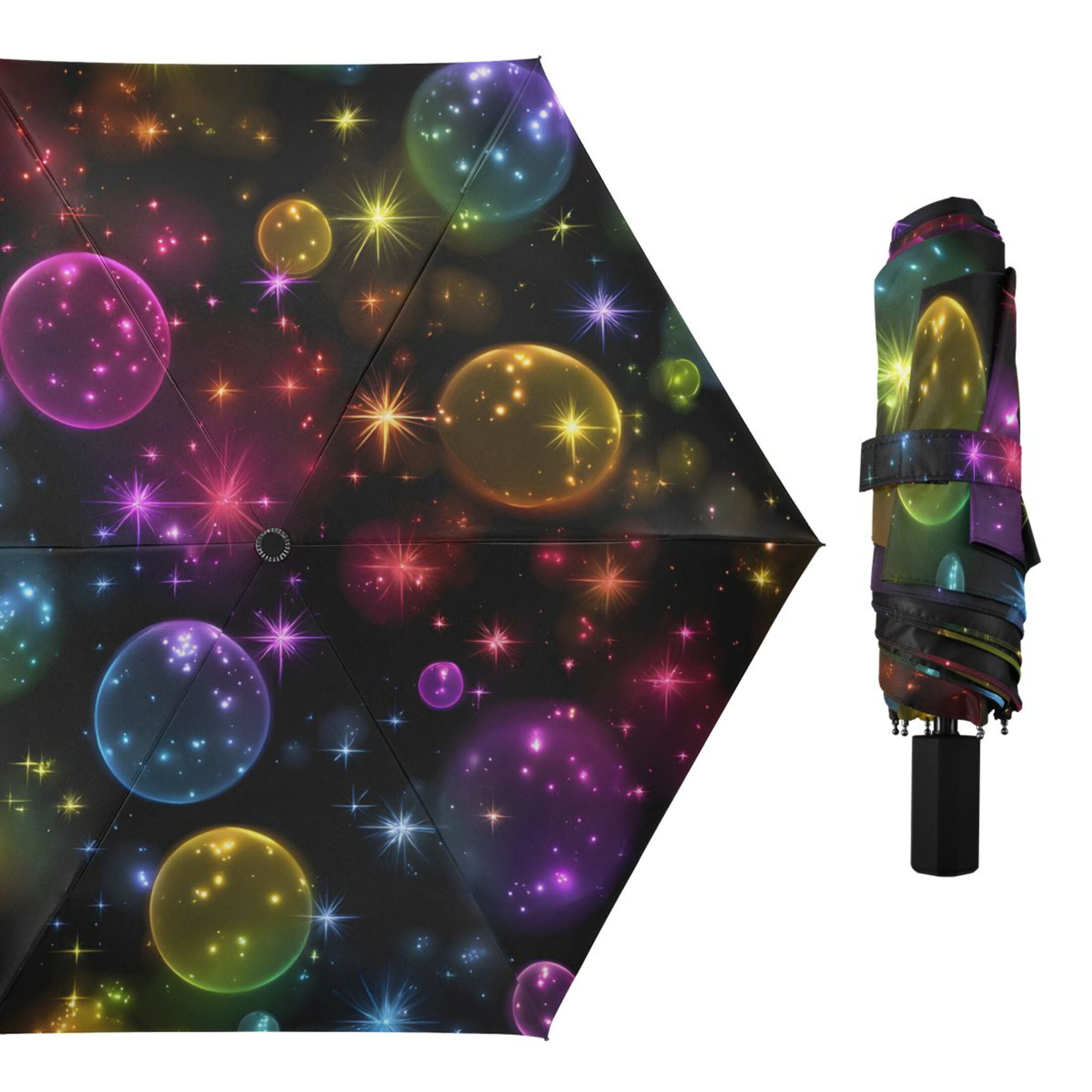 Rainbow Colored Bubbles All Weather Umbrella Triple Folding Parasol 6 Ribs UV Protection Portable
