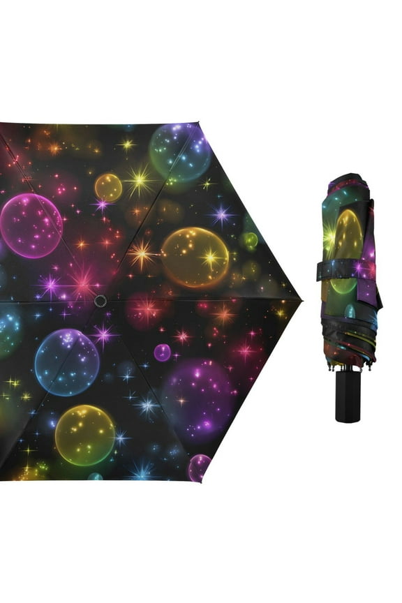Rainbow Colored Bubbles All Weather Umbrella Triple Folding Parasol 6 Ribs UV Protection Portable