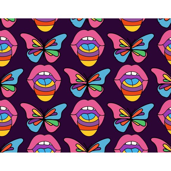 Rainbow Colored Butterflies & Lips Pattern on Purple Background Edible Icing Image Cake Topper, by Tnct.