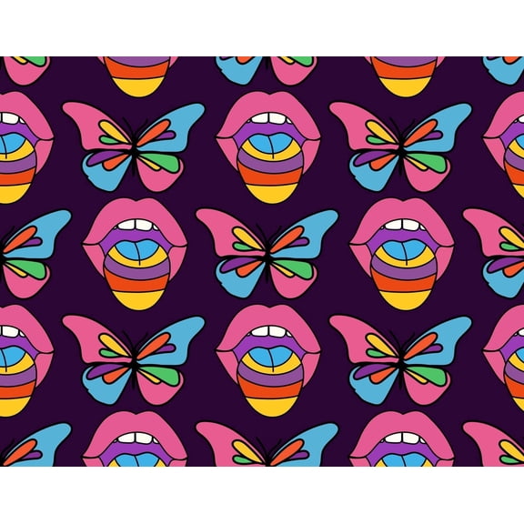 Rainbow Colored Butterflies & Lips Pattern on Purple Background Edible Icing Image Cake Topper, by Tnct.