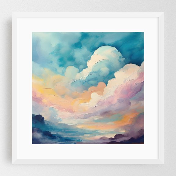 Rainbow Colored Clouds - Painting Abstract Modern Art Pastel Landscape Calm Nature White Framed Wall Art Print 8 x 8 inches