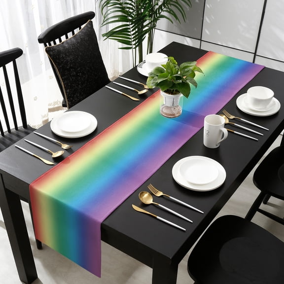Rainbow Colored, Cotton Linen Table Runner 18 x 72 inch Abstract Ombre Red Green Blue Purple Art Non-slip Rectangular Dining Table Decor for Wedding Party Holiday Dinner