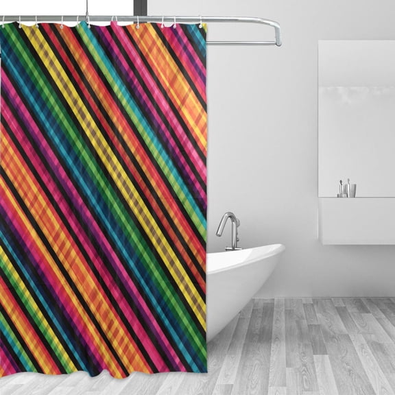 Rainbow Colored Diagonal Striped Pattern Shower Curtains with 12 Hooks Waterproof Bathroom Decor 66" x 72"