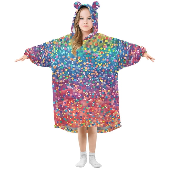 Rainbow Colored Dots Flannel Wearable Blankets Hooded Design Long Sleeves Wrap Unisex for 3T-14Y S