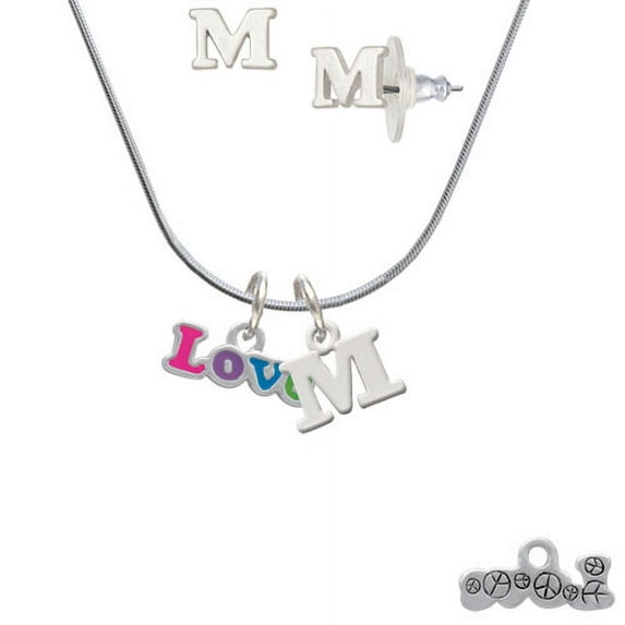 Rainbow Colored ''Love'' - M Initial Charm Necklace and Stud Earrings Jewelry Set