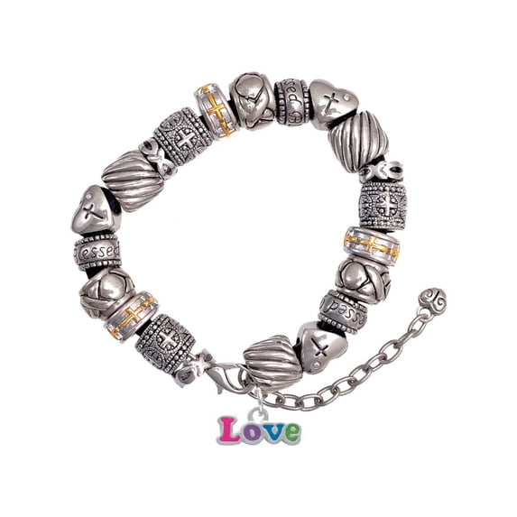 Rainbow Colored ''Love'' Silver Tone Christian Bead Bracelet