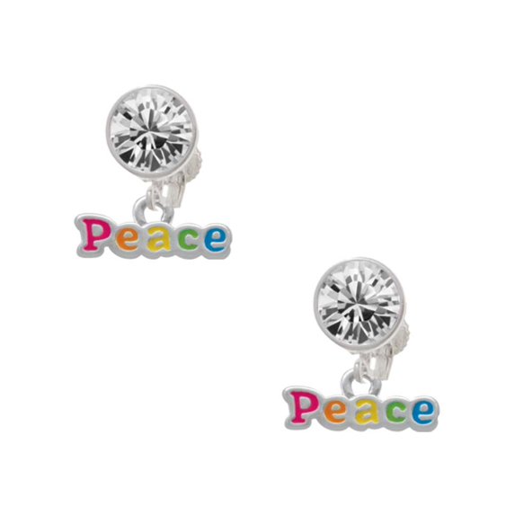 Rainbow Colored ''Peace'' Clear Crystal Clip On Earrings