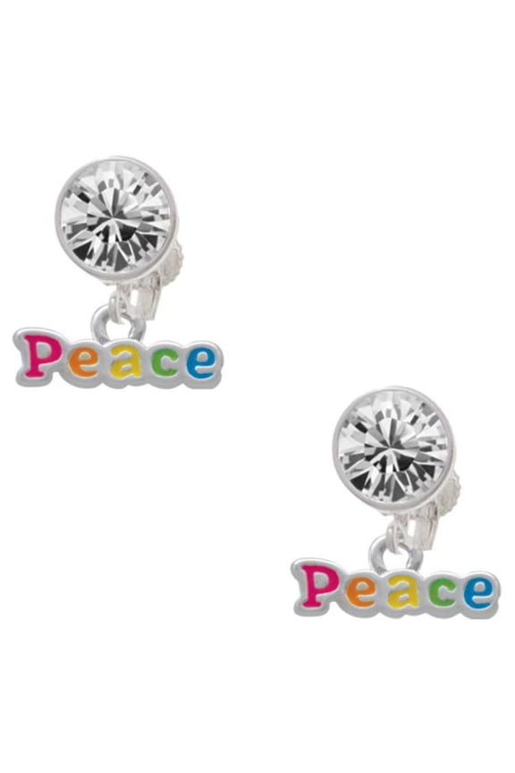 Rainbow Colored ''Peace'' Clear Crystal Clip On Earrings