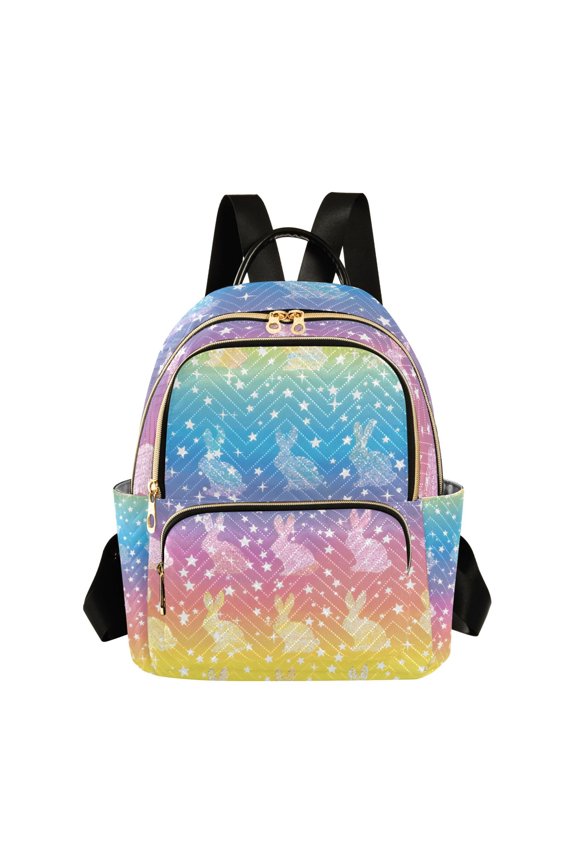 Rainbow Colored Shining Rabbits Quilted Backpack Fashion Daypack Commuter Bag for Women 8.5 L