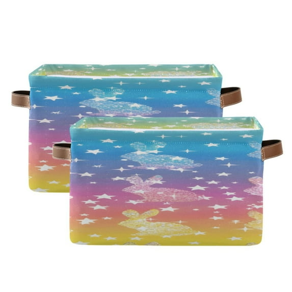 Rainbow Colored Shining Rabbits Square Storage Bins with Handles Collapsible Containing Box 2 Packs