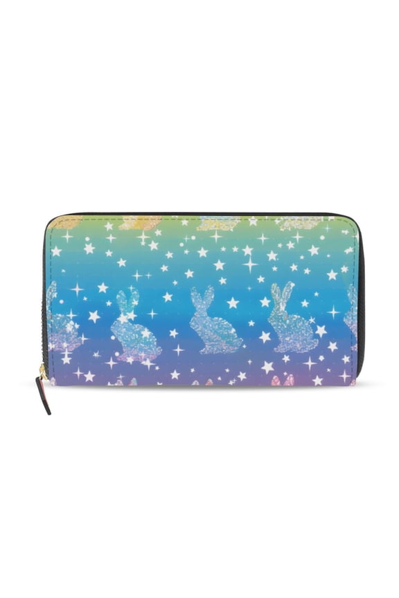 Rainbow Colored Shining Rabbits Women's Long Zipper Wallet Bifold Clutch Purse PU Leather Card Cases