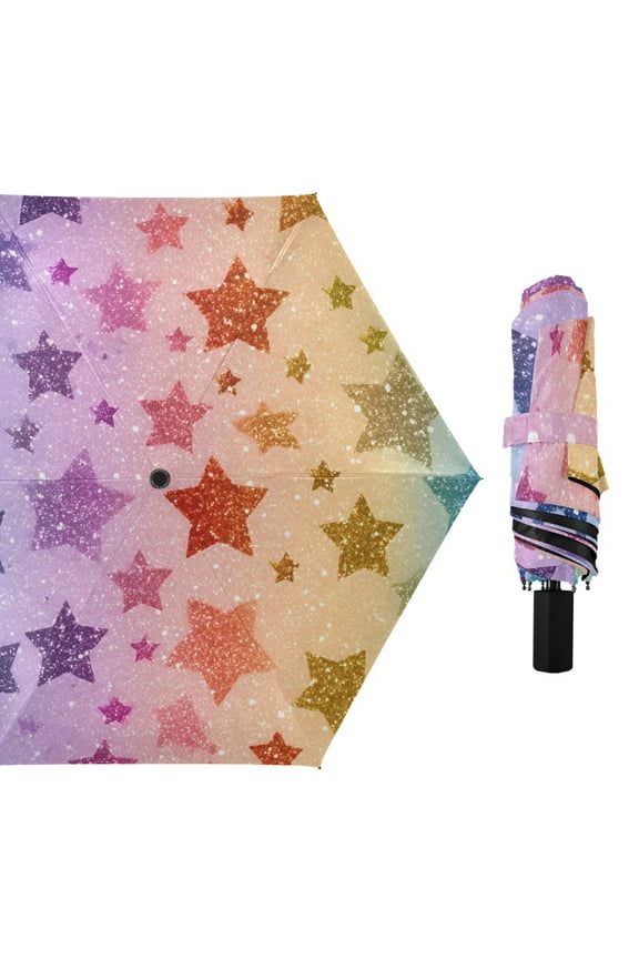Rainbow Colored Shining Stars All Weather Umbrella Triple Folding Parasol 6 Ribs UV Protection Portable