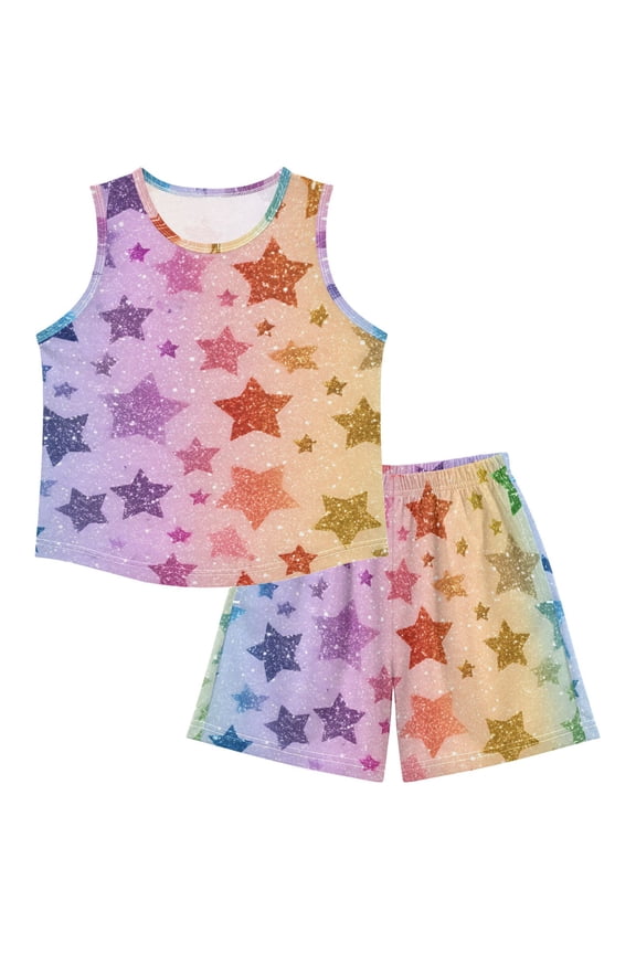 Rainbow Colored Shining Stars Pajamas Set Sleeveless Sleepwear Tank Tops with Shorts Loose Fit Lounge Wear Unisex 4Y