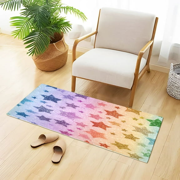 Rainbow Colored Shining Stars Plush Carpet Non Slip Runner Rug Absorbent Bath Mat 39" x 20"
