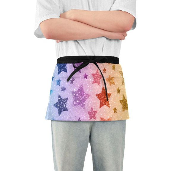 Rainbow Colored Shining Stars Short Server Apron with 3 Pockets for Unisex Chef Gardening