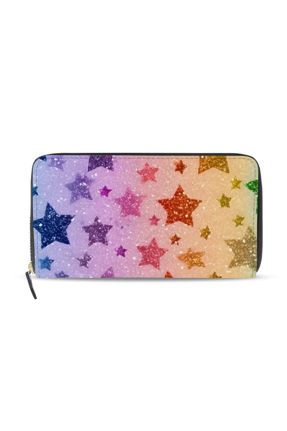 Rainbow Colored Shining Stars Women's Long Zipper Wallet Bifold Clutch Purse PU Leather Card Cases
