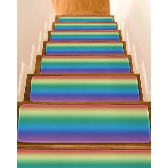 Rainbow Colored, Stair Treads for Wooden Steps Indoor Runner Rug Carpet, Abstract Ombre Red Green Blue Purple Art 10 Pieces Peel and Stick Staircase Step Treads Covers Washable Door Mats 30"x8"